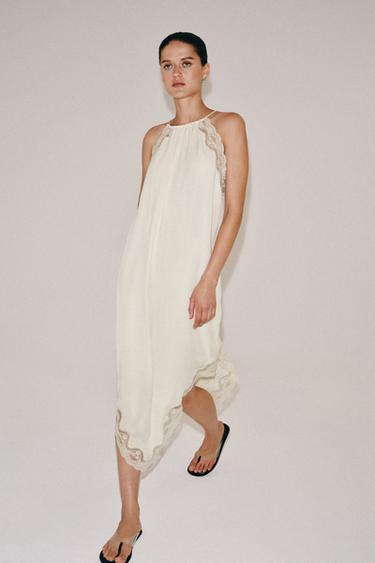 СУКНЯ ZW COLLECTION ІЗ КОМБІНОВАНИМ МЕРЕЖИВОМ - Сіровато-бежевий колір Zara