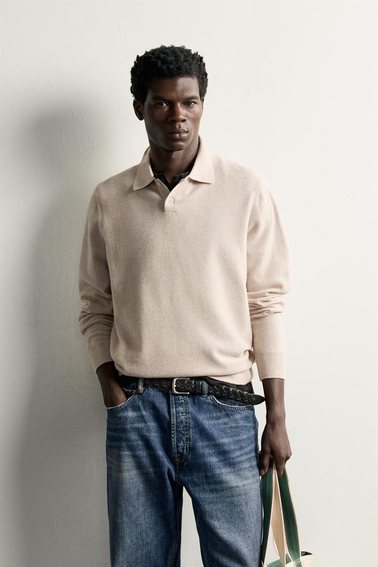 WOOL BLEND REGULAR FIT KNIT POLO — Ecru