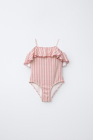 AGES 6-14/ RUFFLED HEART PRINT SWIMSUIT - Red by Zara - Image 0