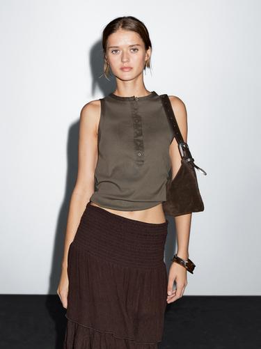 Zara Top with contrast trim detail - Dark khaki