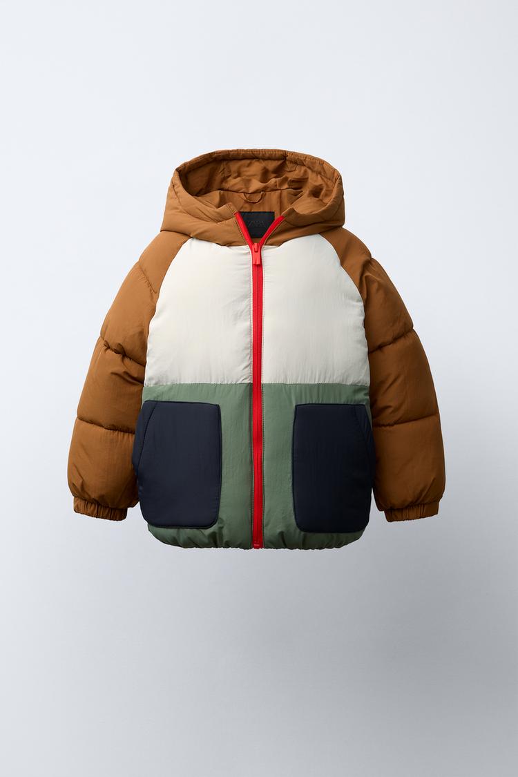 COLOUR BLOCK WATER-REPELLENT PUFFER COAT WITH FLEECE LINING