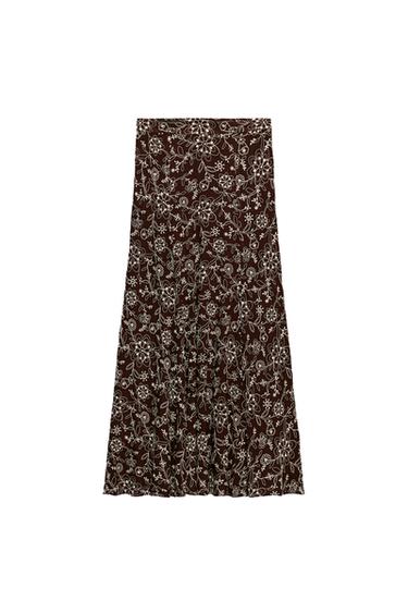 Zara EMBROIDERED MIDI SKIRT - Brown / Ecru