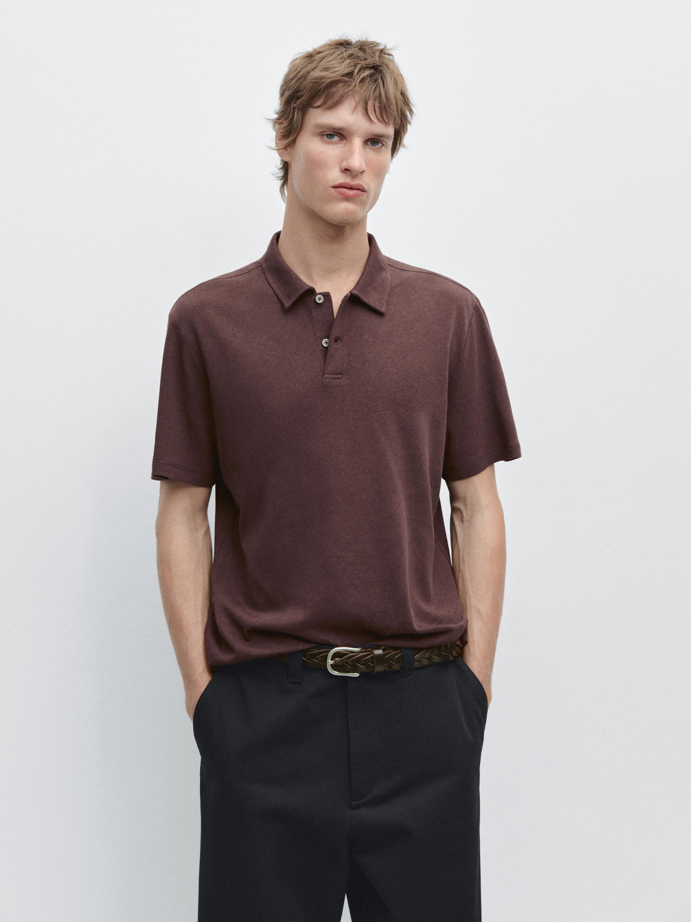 Linen and cotton short sleeve polo shirt