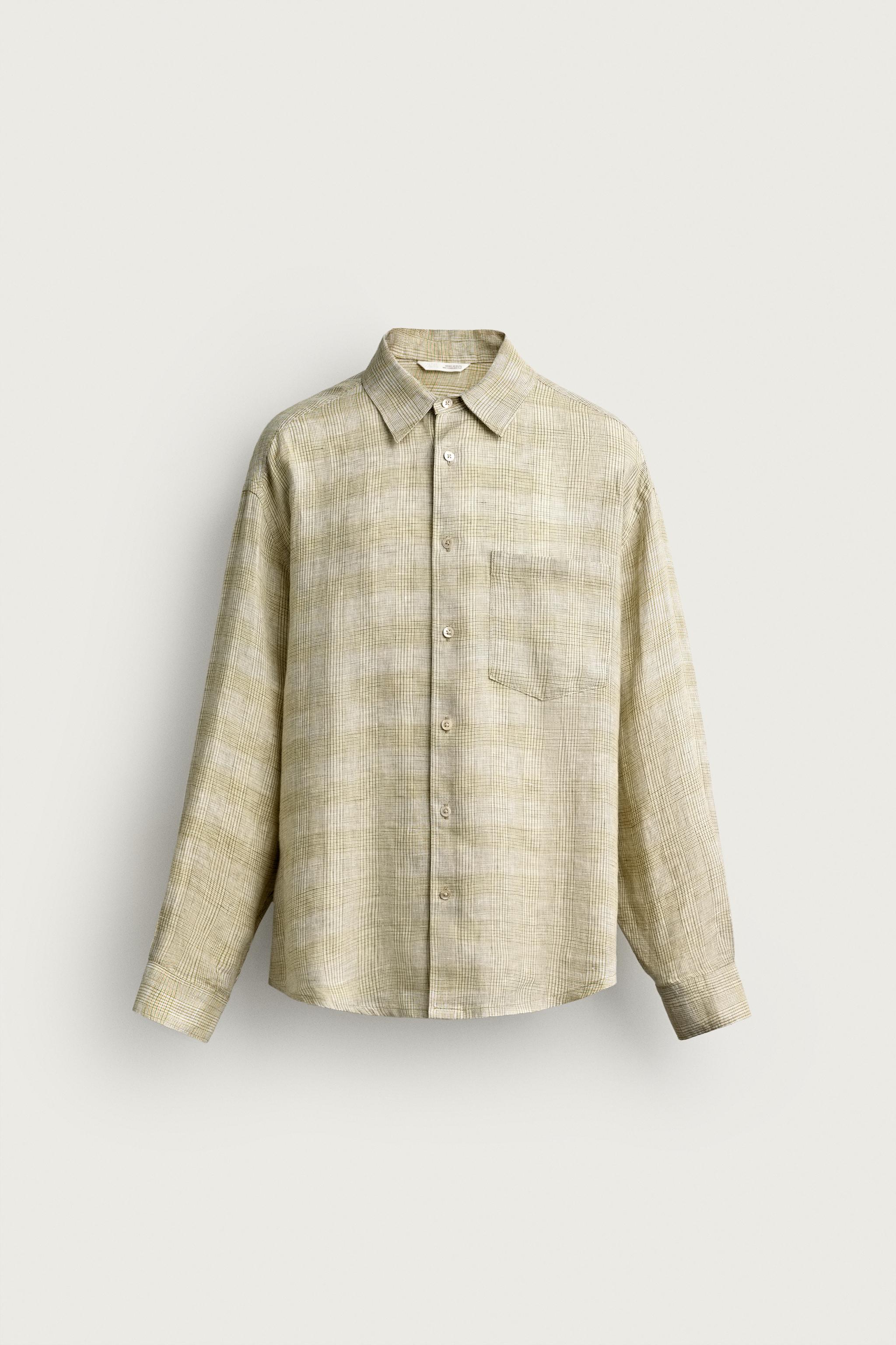 100% LINEN PLAID RELAXED FIT SHIRT — Greens
