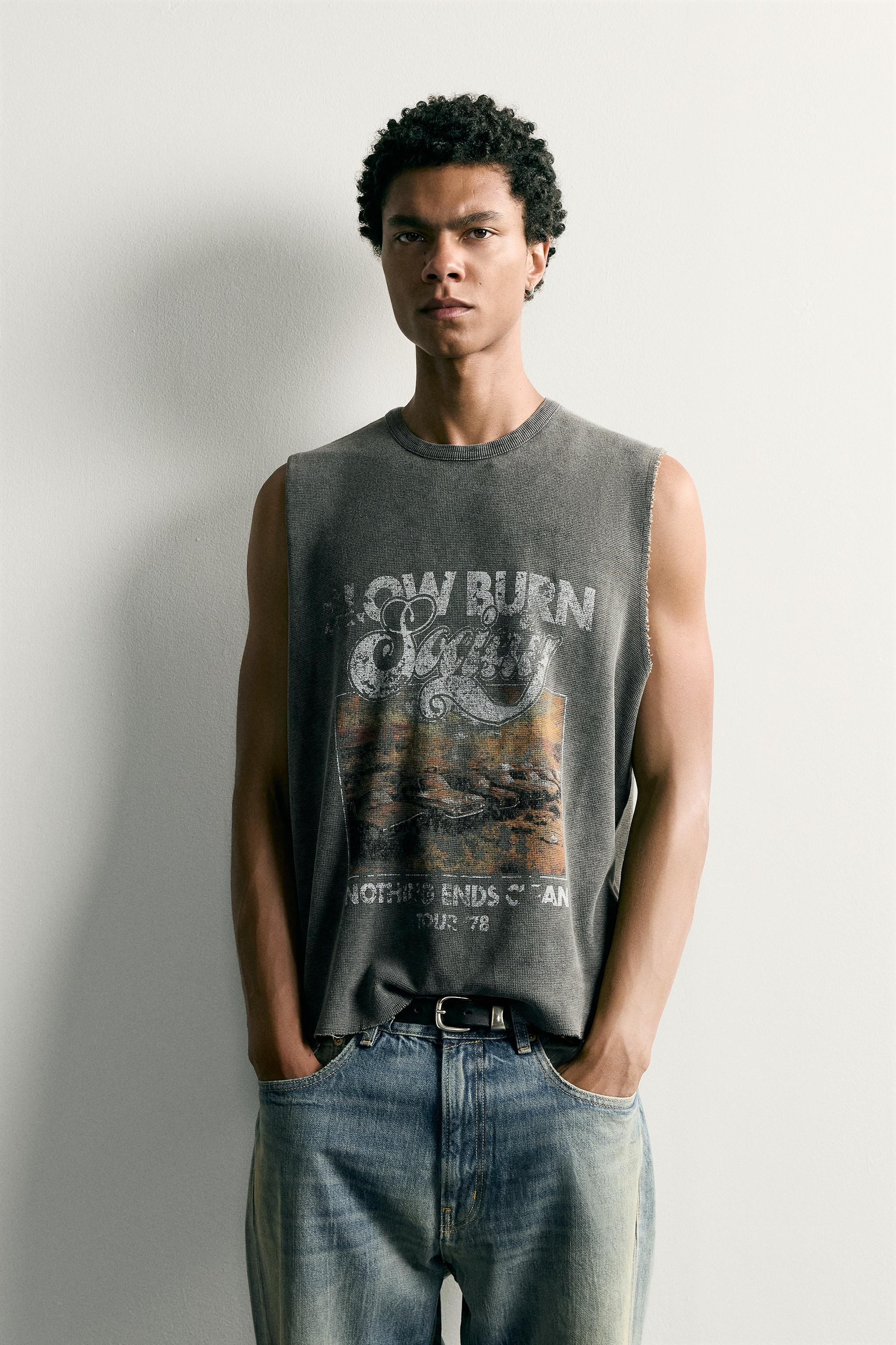 WASHED PRINTED KNIT TANK TOP — Black