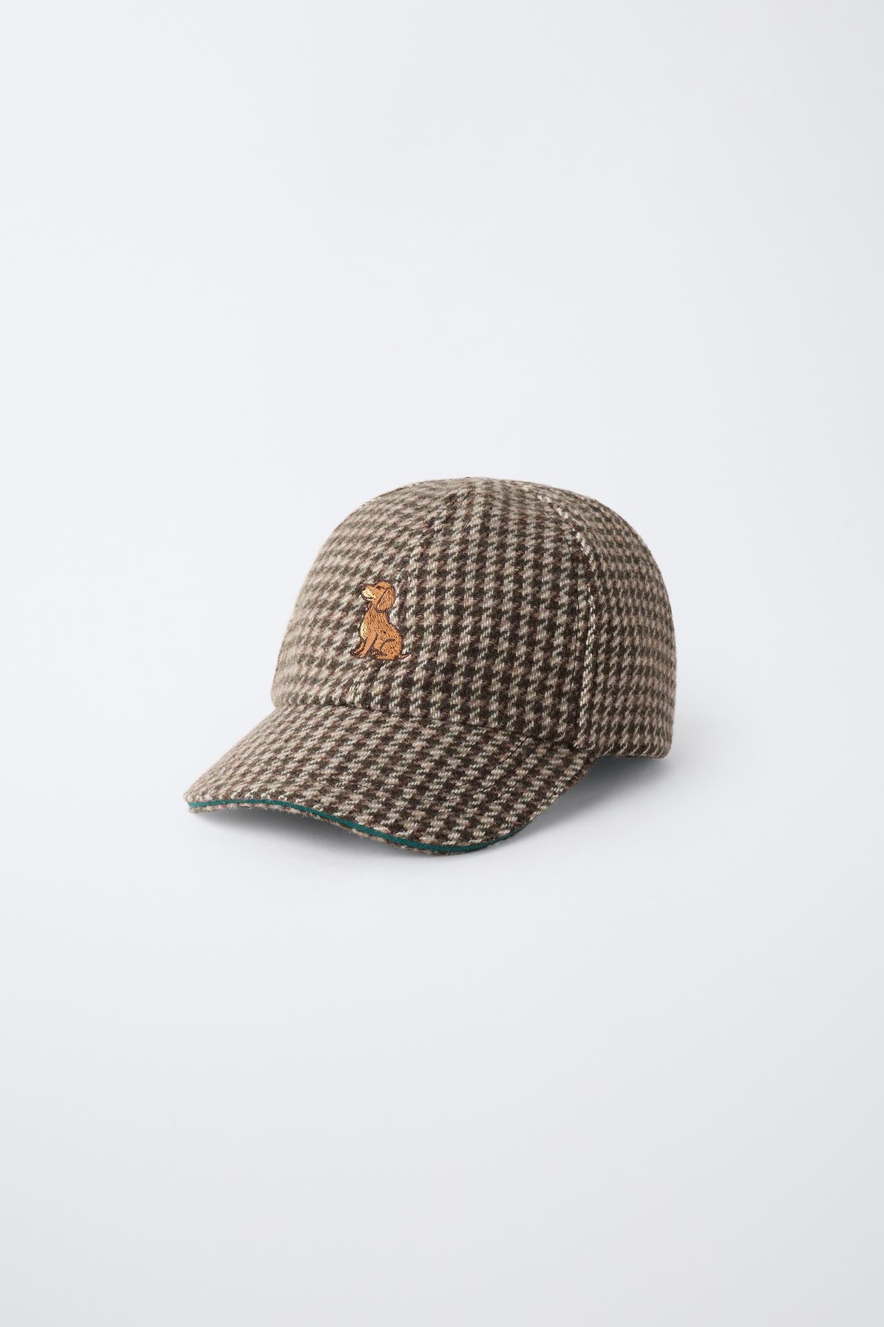 HOUNDSTOOTH CAP WITH EMBROIDERED DOG AND WOOL BLEND — charcoal gray