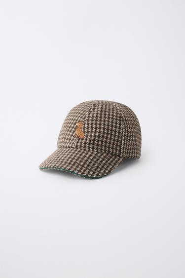 HOUNDSTOOTH CAP WITH EMBROIDERED DOG AND WOOL BLEND — charcoal gray 2