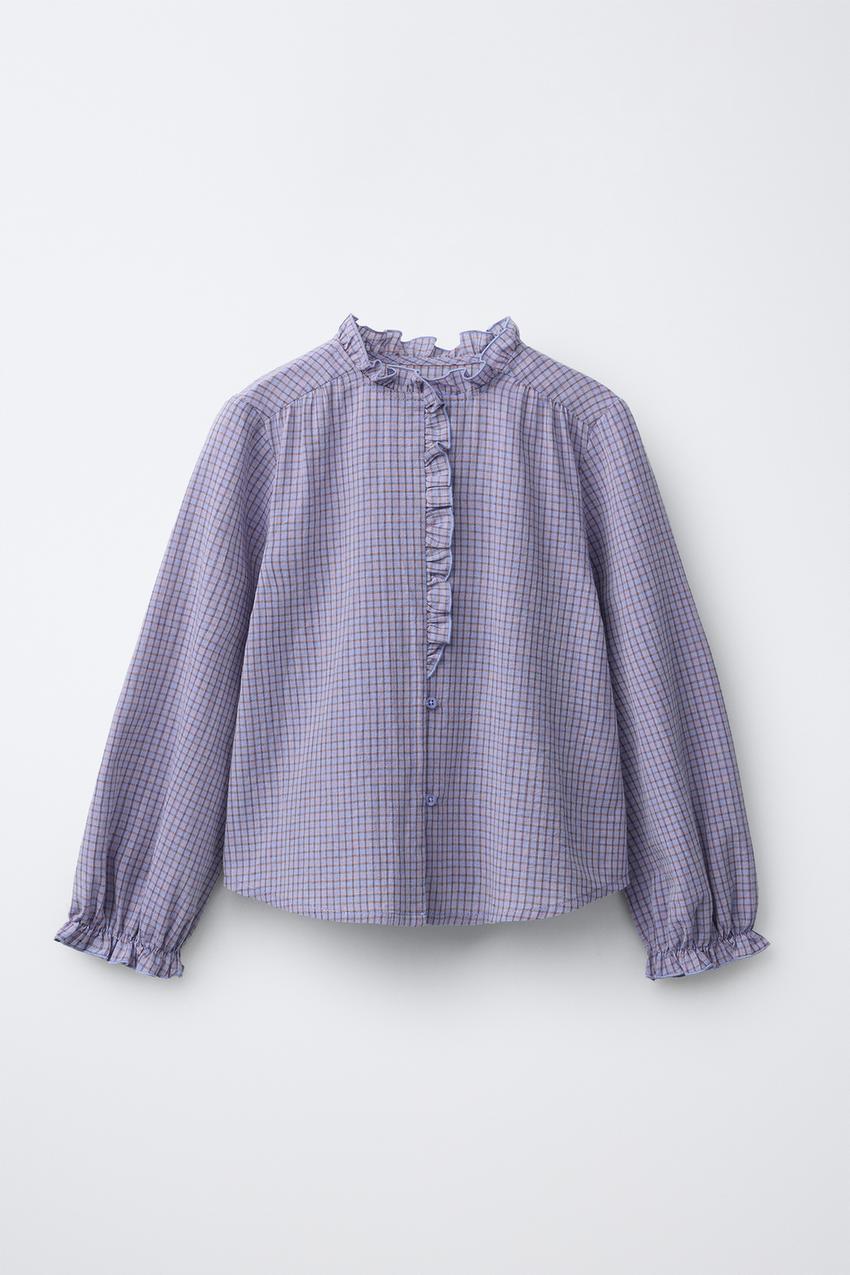 チェック柄フリルトリムシャツ - ブルー | ZARA Japan / 日本