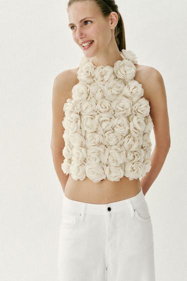 Zara FLORAL TEXTURED KNIT HALTER TOP - Beige