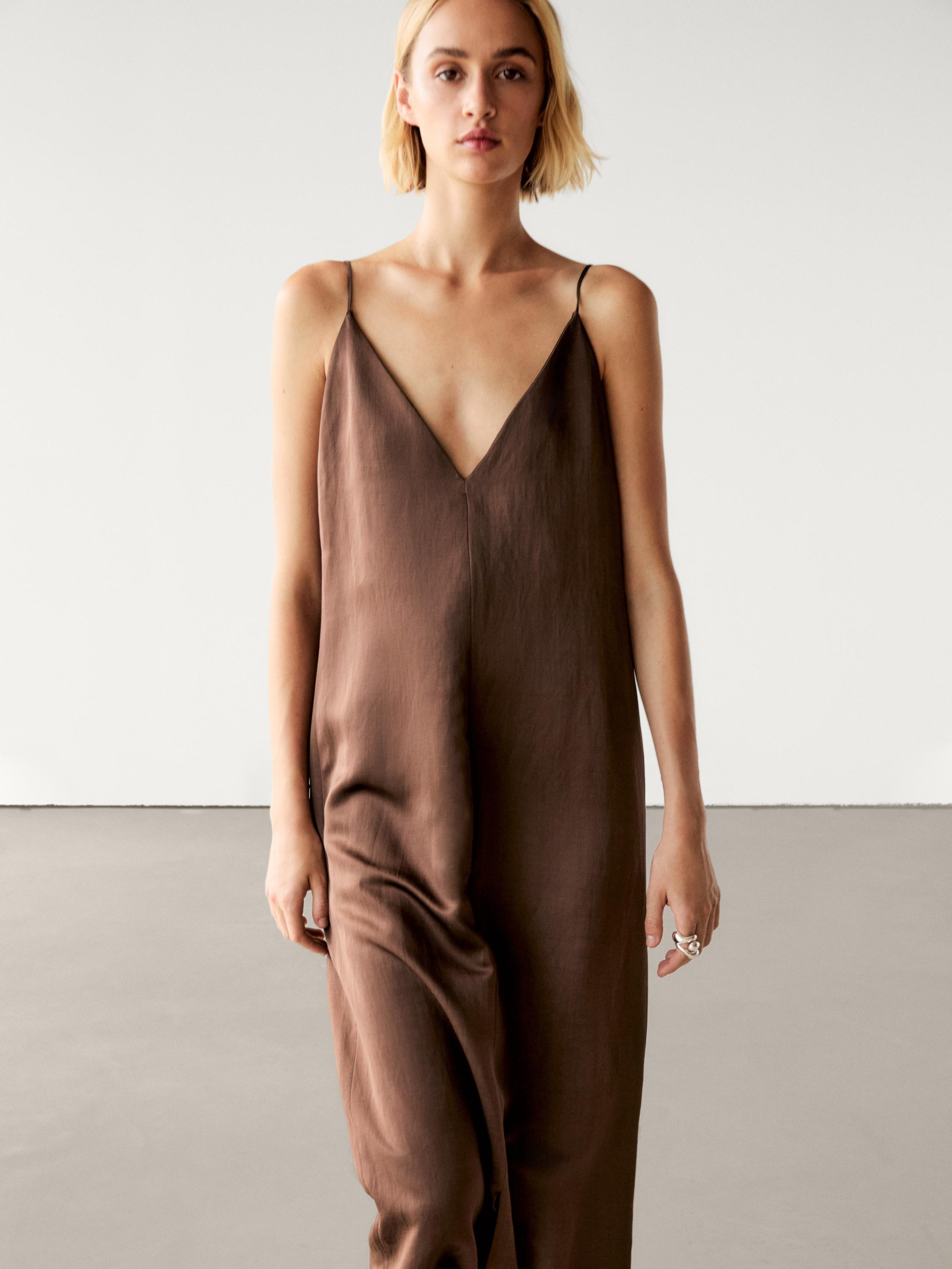 Cotton satin camisole midi dress - Chocolate | ZARA United States