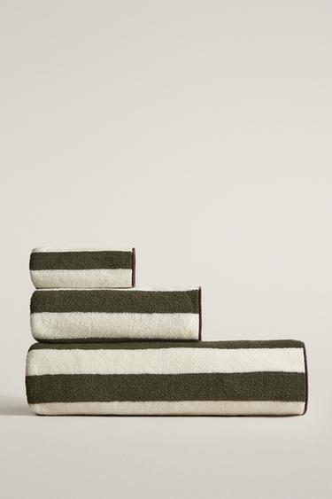 Striped Cotton Bath Towel With Overlock — Dark green 1