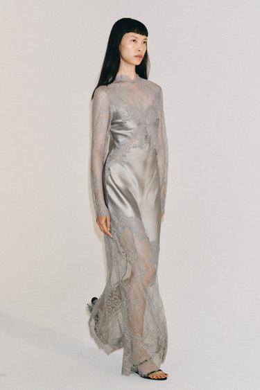 فستان ساتان دانتيل ZW COLLECTION - رمادي الخاص بـ Zara