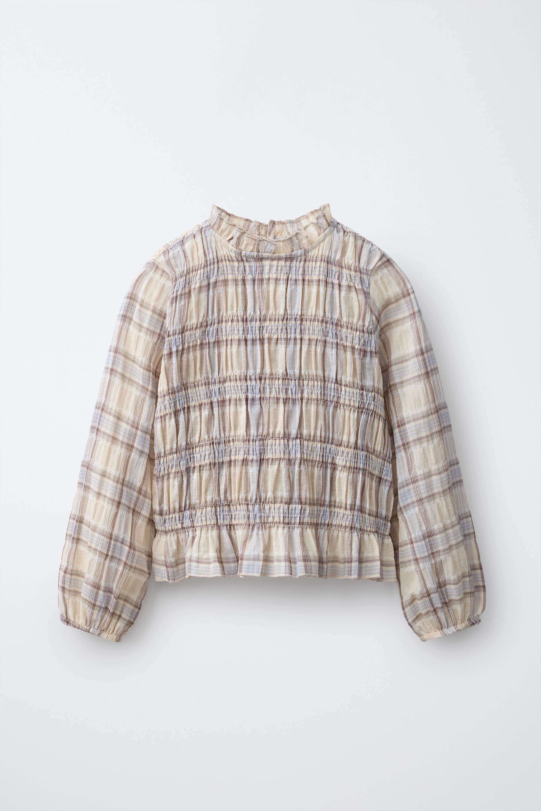 PLAID SHIRT WITH ELASTIC DETAIL — Light beige