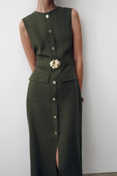 LINEN BLEND MIDI DRESS WITH BELT - Dark khaki by Zara - Image 3