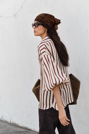 CHEMISE À RAYURES ET MANCHES BOUFFANTES - Écru / Grenat de Zara - Image 3