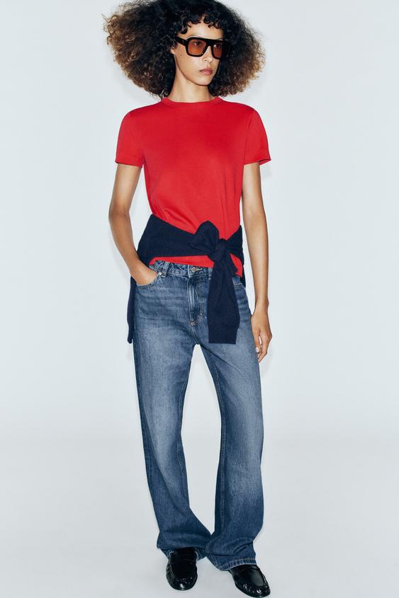ÁO PHÔNG INTERLOCK CỘC TAY - Màu đỏ tươi từ Zara - Hình ảnh 0