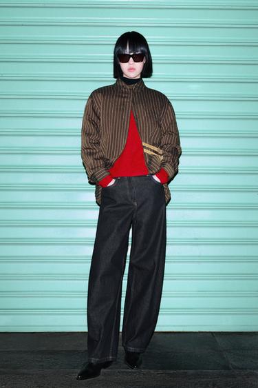 Zara 條紋搭扣襯衫 - 棕色 / 裸色