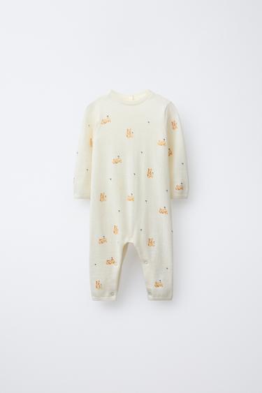 Zara TEDDY BEAR PRINT 100% MERINO WOOL LONG JUMPSUIT - Mid-ecru