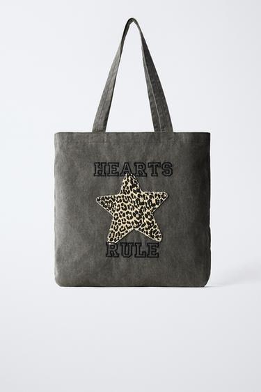 Zara STAR DENIM SHOPPER BAG - Gray
