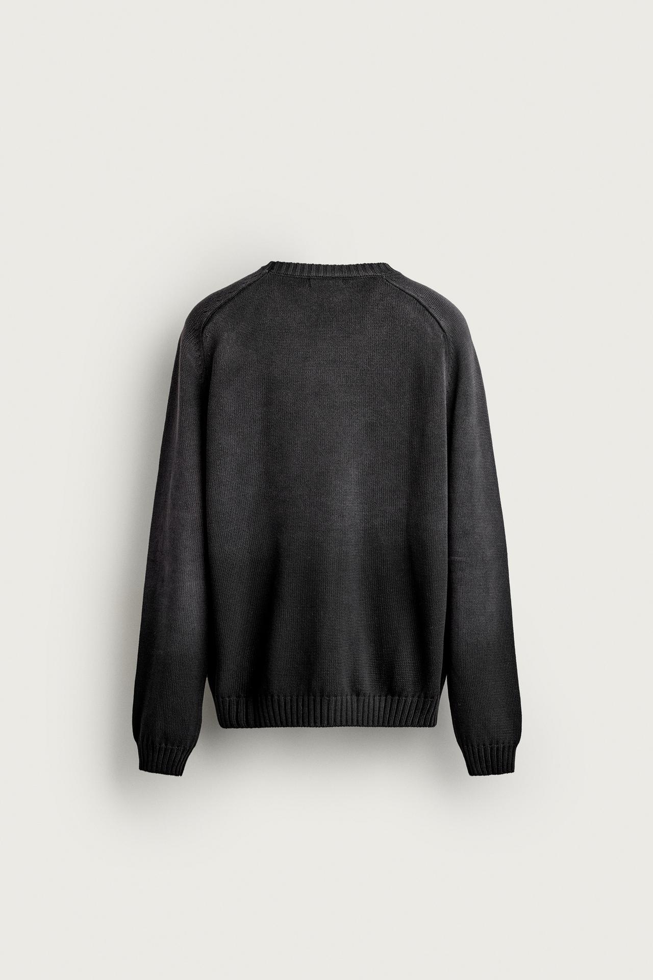 100% COTTON WASHED-EFFECT SWEATER — Black