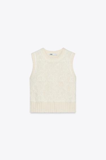 FLORAL EMBROIDERED KNIT VEST - Beige by Zara