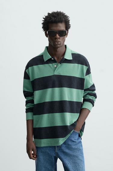 Zara STRIPED WASHED POLO SHIRT - Green / Blue