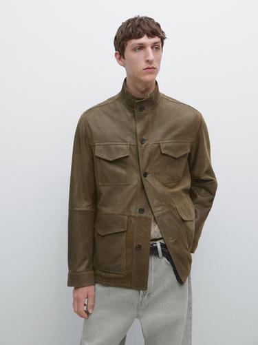 Zara Distressed-effect goatskin leather jacket - Khaki