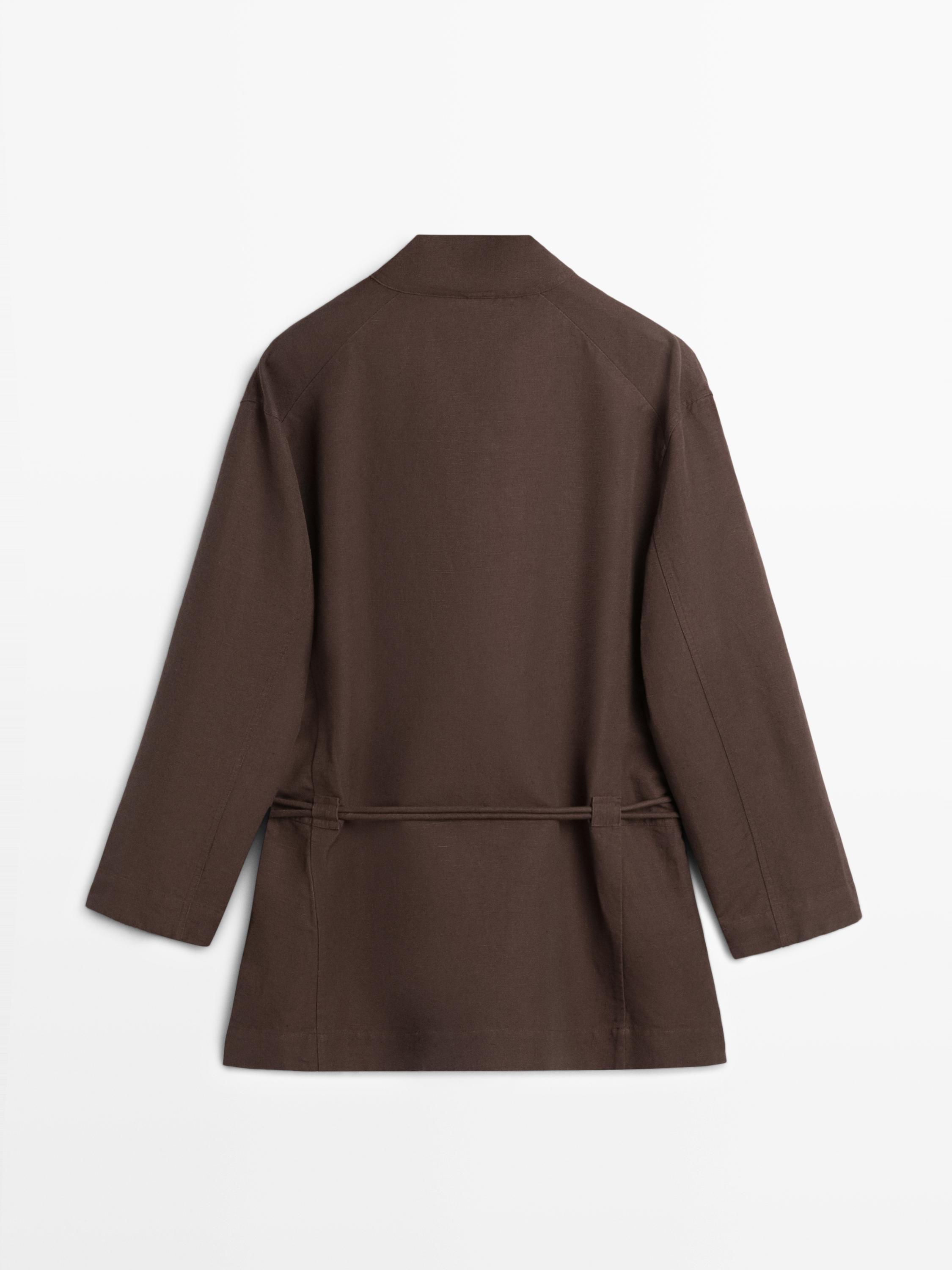 Linen blend kimono jacket with tie detail