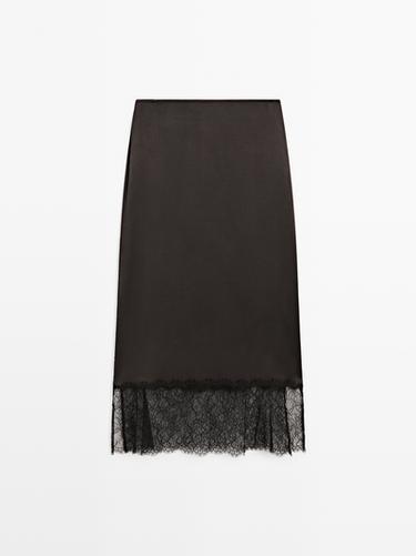 Falda midi lencera encaje - Marrón de Zara