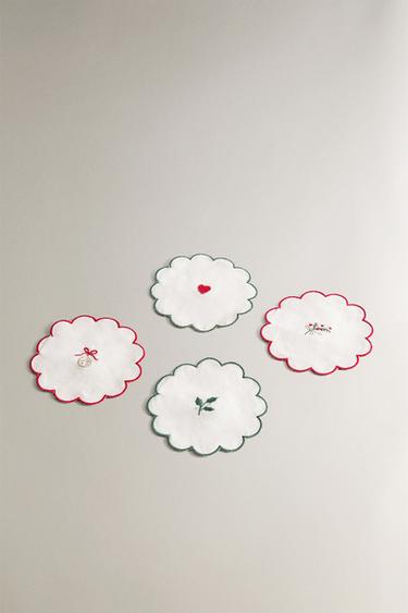 PACK OF EMBROIDERED CHRISTMAS COASTERS (PACK OF 4) - Ecru by Zara - Image 1