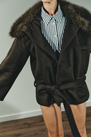 WOOL COAT WITH FAUX FUR COLLAR - Dark khaki by Zara - Image 4