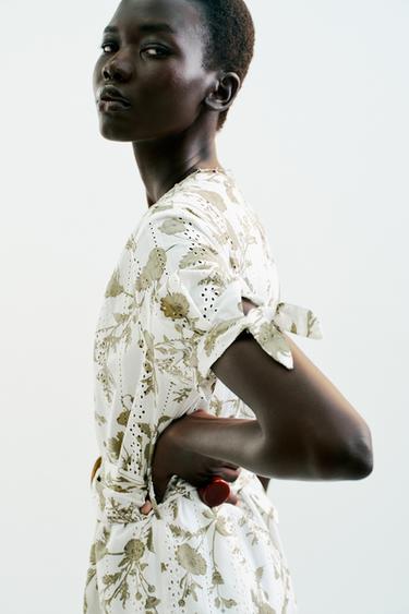 PRINTED MINI DRESS WITH CUTWORK EMBROIDERY - ecru/khaki by Zara - Image 2