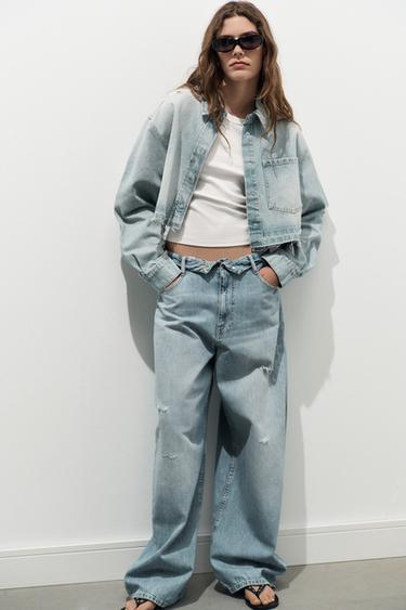 TRF RIPPED FOLDED WAIST MID-WAIST JEANS - Light blue by Zara