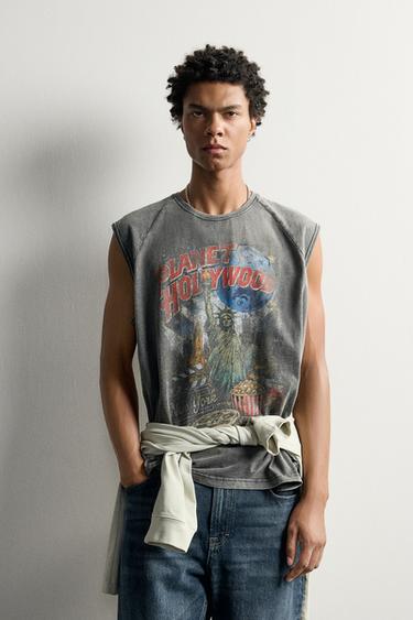 Zara PLANET HOLLYWOOD® GRAPHIC TANK TOP - Dark anthracite