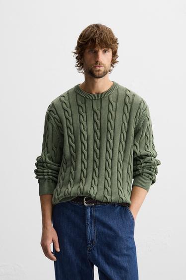 WASHED CABLE-KNIT SWEATER - Green by Zara - Image 1