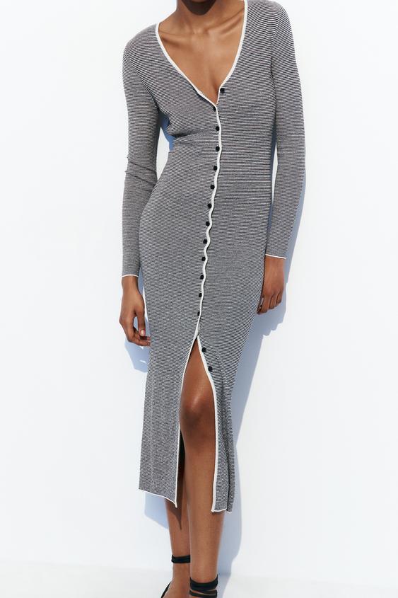 ZARA Sweater Dress Women’s Ivory Short Sleeves Quarter Zip Ribbed Knit Size  L 