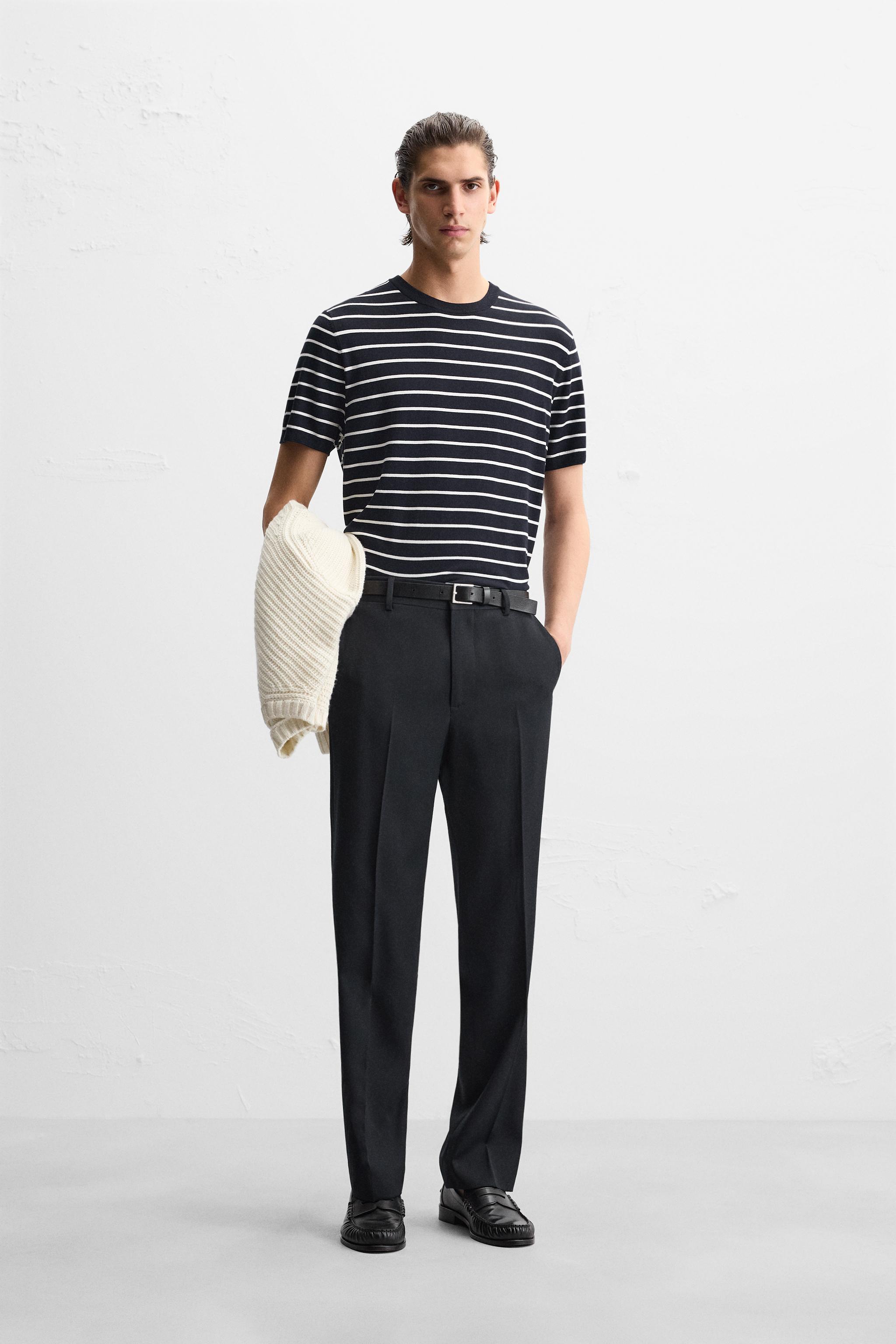 【ZARA】フルイドニットTシャツ エクリュ/ブルー | 0304/406/080 フルイドニットTシャツ - ストライプ | ZARA Japan / 日本