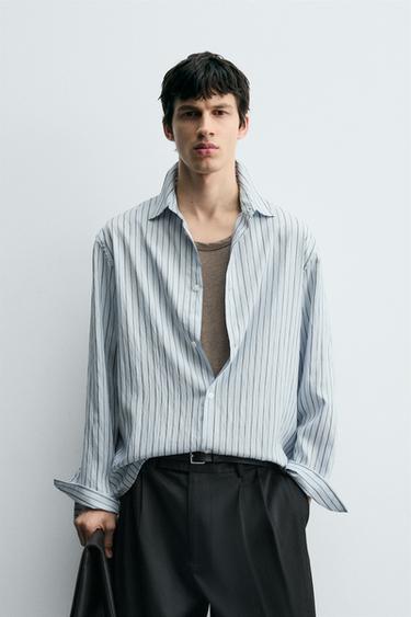 Zara TEXTURED STRIPED SHIRT - Light sky blue