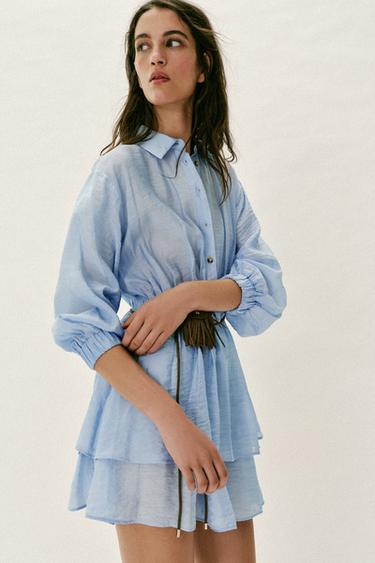 ROBE COURTE CEINTURE POCHE - Bleu ciel de Zara - Image 3