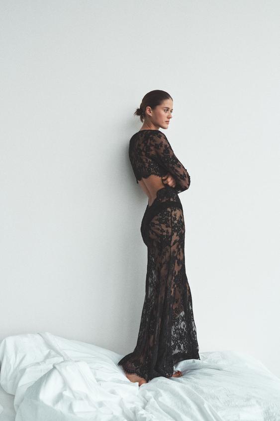 zara black lace long sleeve dress Zara Black Lace Backless Dress Long Sleeve