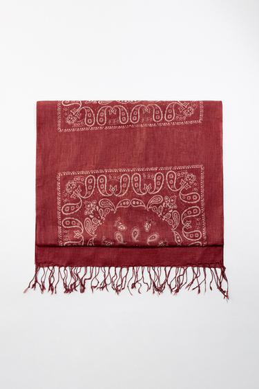 Zara 100% LINEN PRINTED FRINGED SCARF - Red