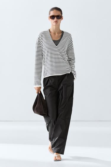 Zara Striped V-neck knit sweater - Ecru
