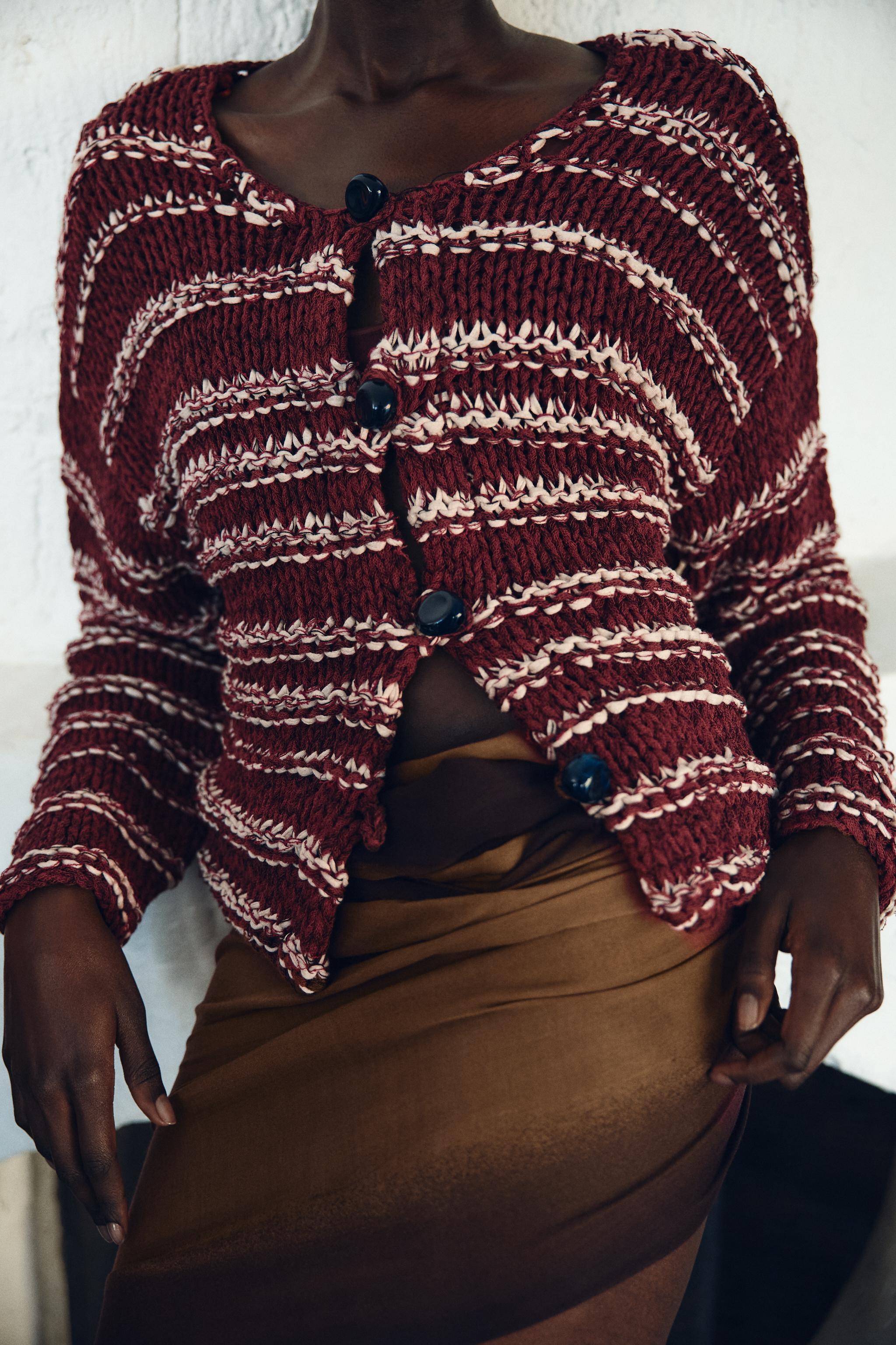 COMBINATION KNIT CARDIGAN - White / Maroon | ZARA United States