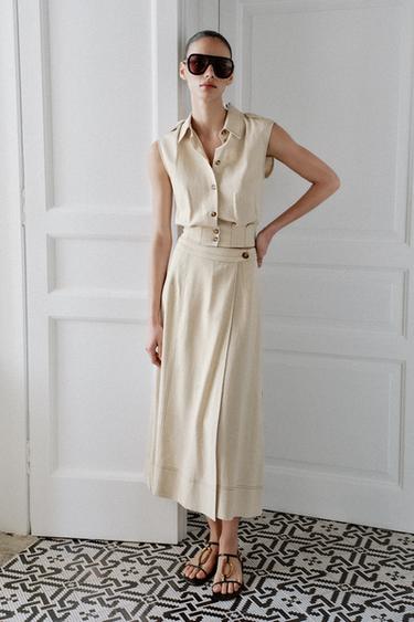 Zara LINEN BLEND WRAP MIDI SKIRT - Light beige - Image 0