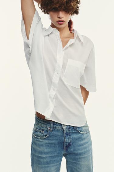 Zara SEMI-SHEER COTTON SHIRT - Oyster-white