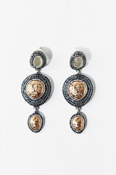 TEXTURED RHINESTONE TRIPLE EARRINGS - Gold / Silver by Zara