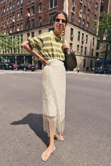 100% LINEN EMBROIDERED MIDI SKIRT ZW COLLECTION - Ecru by Zara
