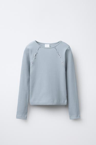 RIBBED T-SHIRT WITH BUTTONS AND CUT-OUT - Blue / Grey by Zara