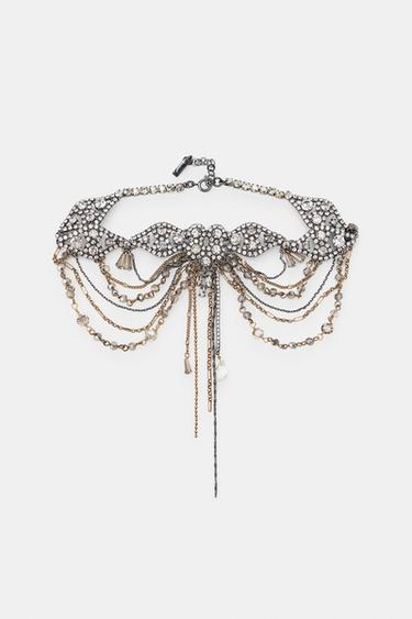 COMBINED CHAIN AND RHINESTONE CHOKER - Gold / Silver by Zara