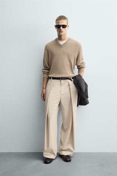 PINSTRIPED PLEATED TROUSERS - Beige by Zara
